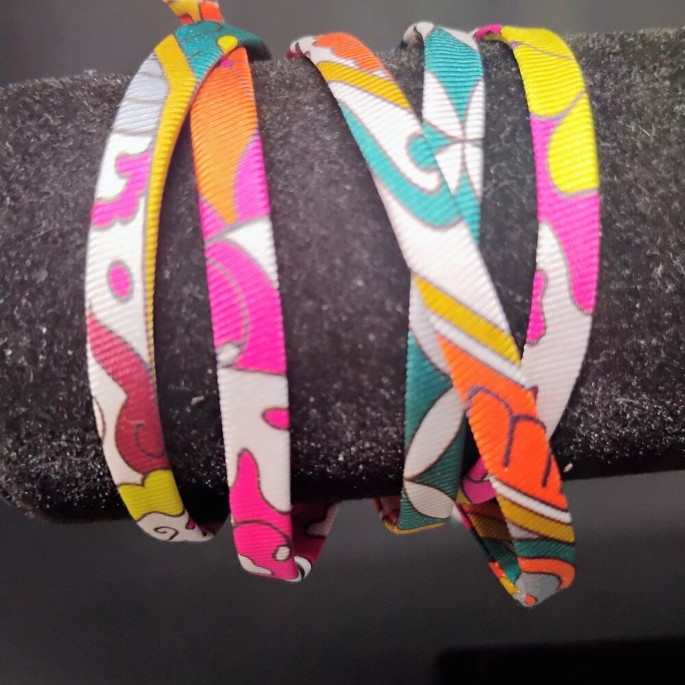 Twilly Silk spaghetti wrap bracelet HERMES multicolor patterns | NEW 46” long - Picture 7 of 8